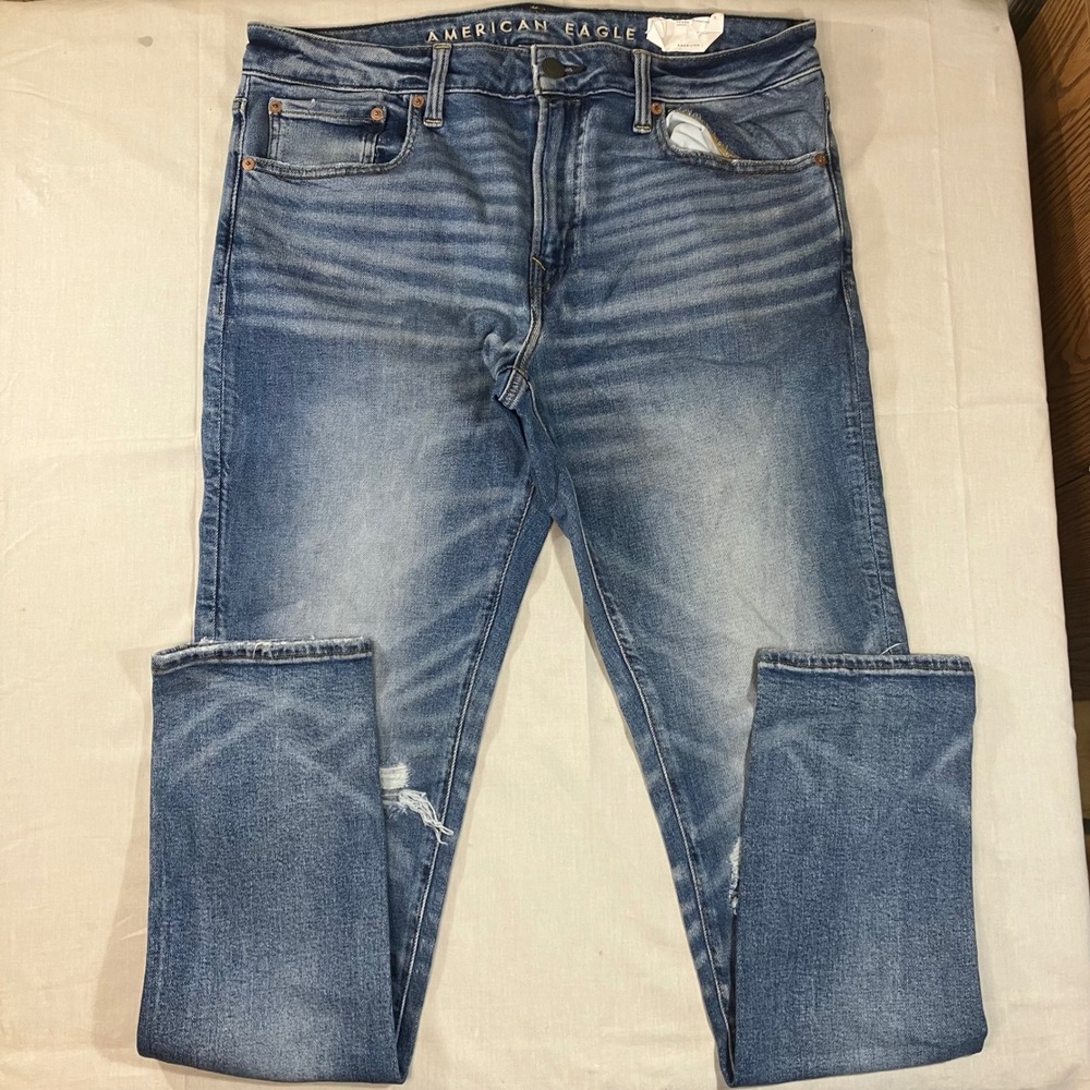 American Eagle Athletic Skinny Airflex+ Jeans Mens 34x34 Medium Wash Distressed